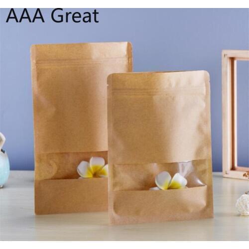 100Pcs/Lot Kraft Paper Ziplock Bag Window Kraft Paper Bag Tea Nut Candy Chocolate Food Packaging Bags Zipper Storage Pouches New