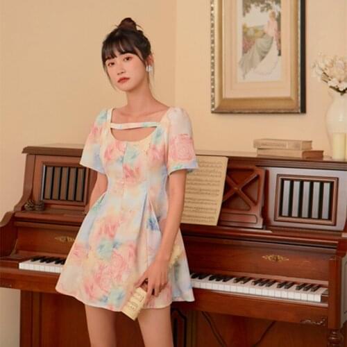 2021 Summer Designer Printed Sweet Dress Cute Kawaii Chic Korean Lady 2021 Summer Women Fairy Dresses