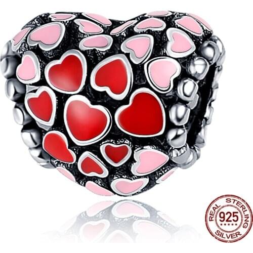2021 New Simple Pink Heart Charm 100% 925 Sterling Silver Suitable For 3mm Bracelet Ladies Fine Jewelry Gift