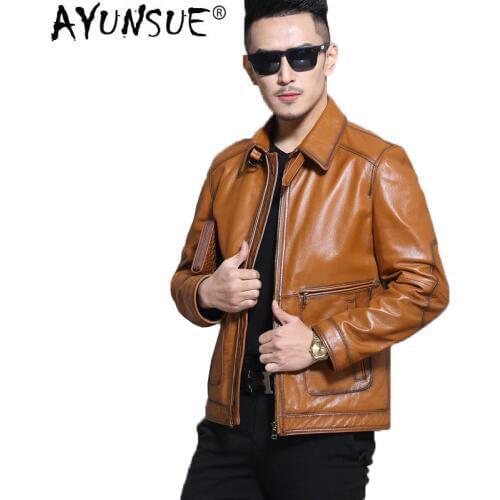 AYUNSUE Real Cow Leather Jacket Men Spring Autumn Motorcycle Genuine 100% Cowhide Coat Men Leather Jackets L16C3106 KJ1333