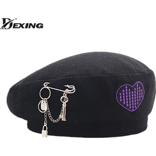 Lady Winter England Chain Beret Korean Fashion Woolen Beret Women Girls Love Embroidery caps Warm Painter Hat Newsboy Hat