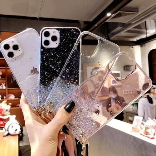 Glitter Silver Foil Starry Sky Phone Case For iPhone 12 11Pro Max 7 8 Plus X XR XS Max Fashion Lanyard Transparent Soft cover