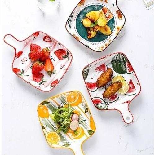 Fruit Style Ceramic Glaze Baking Plate pan with Handle porcelain Salad Bowls Barbecue Cheese Baked Rice Baking pan Bakeware Tary