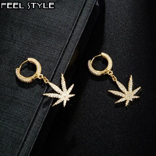 Hip Hop 1Pair Iced Zircon Maple leaf Earring Gold Gold Color Micro Paved AAA+ Bling CZ Stone Earrings For Men Jewelry
