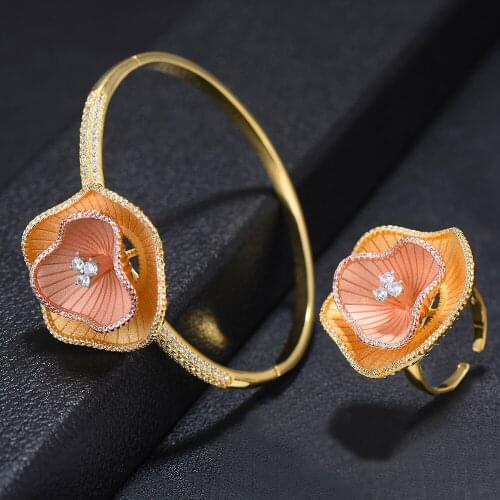 LARRAURI Luxury Bangle Ring Set Tricolor Zircon Copper Dubai Bridal Jewelry Set Wedding Banquet Women Hand Accessories Sets Gift