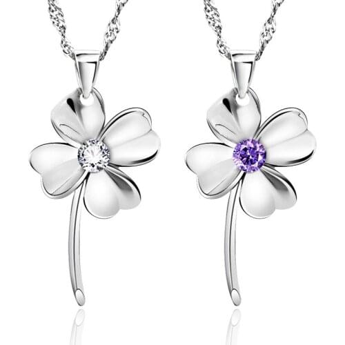 925 Sterling Silver Fashion Luck Clover Pendant Necklace Clear Purple Zircon Necklace For Valentines Day Wholesale S-N130