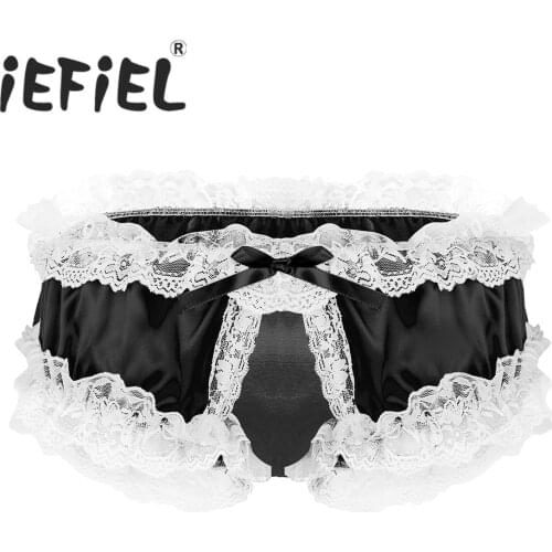 Fashion Sexy Male Mens Super Soft Satin Fabric Ruffled Lace Lingerie Super Frilly Ruffled Crotchless Sissy Briefs Underwear