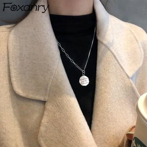 Foxanry 925 Sterling Silver Charm Necklace for Women Fashion Retro Alphabet Pendant Clavicle Chain Elegant Bride Jewelry Gift