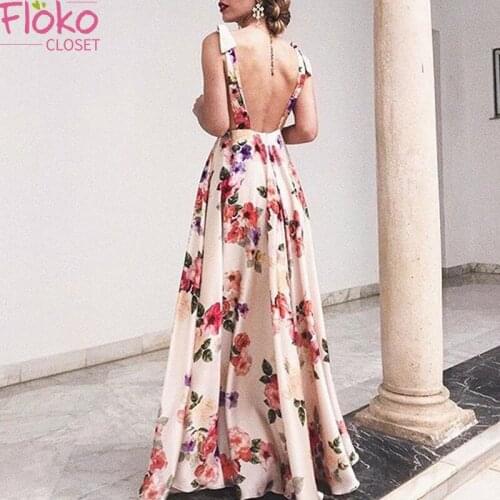 Flokocloset Floral Print Sleeveless Maxi Dress Sexy Spaghetti Straps Summer Pary Long Dresses V-Neck Casual Sundress