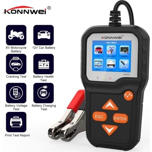KONNWEI KW650 Motorcycle Car Battery Tester for 6V 12V 100 to 2000 CCA Battery Analyzer Quick Cranking Charging Diagnostic Tool