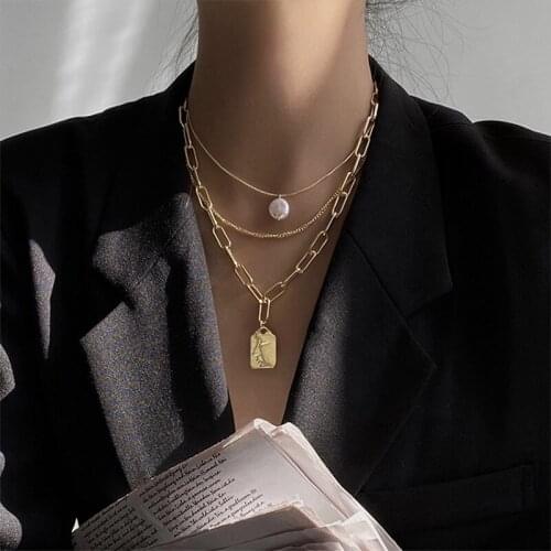 U-Magical Creative Multi-layer Geometric Face Pendant Necklace for Women Imitation Pearl Gold Mix Chain Metal Necklace Jewelry