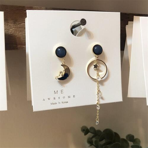 2019 New Korean Asymmetry Zircon Star Moon Long Drop Earrings For Women Girls Elegant Creative Brincos Oorbellen Jewelry Gifts