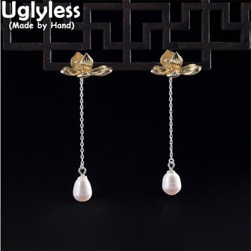 Uglyless Nature Water Drop Pearls Earrings for Women Ethnic Blooming Lotus Flowers Earrings 925 Silver Brincos Gold Floral Jewel