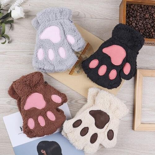 Women Winter Warm Half Finger Gloves Cute Cartoon Cat Paw Embroidery Anime Kitten Thicken Fuzzy Plush Fingerless Mittens Warm