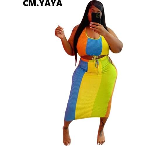 CM.YAYA Women Plus Size Set Patchwork Crop Tanks Tops Drawstring Waist Midi Skirts Two 2 Piece Sets Sexy Fashion Outfit Summer