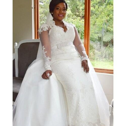 Custom Made 2020 New Wedding Dresses Mermaid Long Sleeve Detachable Skirt Lace Beading Crystal Sexy Luxury Wedding Gowns TH09