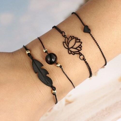 4 Pcs/Set Fashion Personality Black Love Heart Hollow Lotus Flower Leaf Bead Bracelets for Women