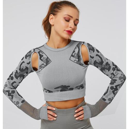 Seamless Yoga Crop Top Shirt Long Sleeve Camouflage Hollow Out Skinny Clothes Fitness Womens Yoga Slim Workout Running Tops