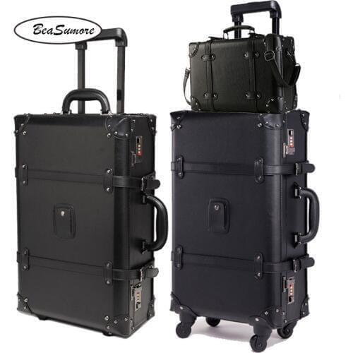 BeaSumore Retro PU Leather Rolling Luggage Sets Spinner Women Password Suitcase Wheels 20 inch Cabin Men Business Trolley