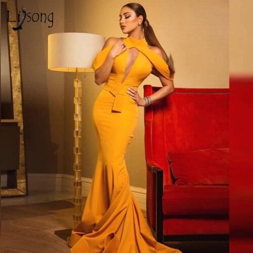 Elegant Gold Elastic Mermaid Prom Dresses 2020 New Arrival Simple Cap Sleeves Long Prom Gowns African Formal Dress