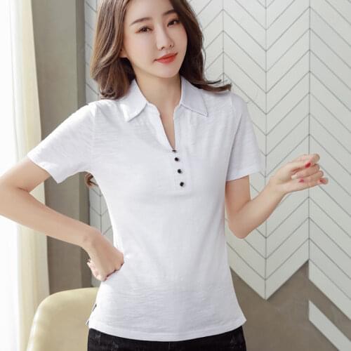 Turn-down Collar T Shirt 2021 Short Sleeve Women Clothes Mujer Camisetas Woman Tshirts White Tee Shirt Femme T-shirty Damskie