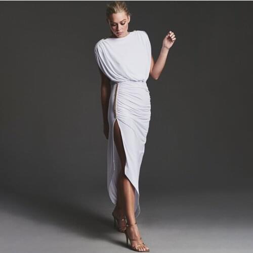 Sophisticated Side Slit Plunge V Back Florence Dress With Padded Shoulders And Gold Chain Hardware On The Back