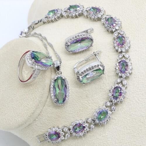 Silver Color Dubai Jewelry Set Bridal For Women Rainbow Topaz Costume Wedding Bracelet Necklace Rings