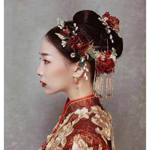 Red Flower Chinese Wind Bride Wedding Tiara Red Liquid Flower Classic Charm Studio Style Coronet Hair Jewelry