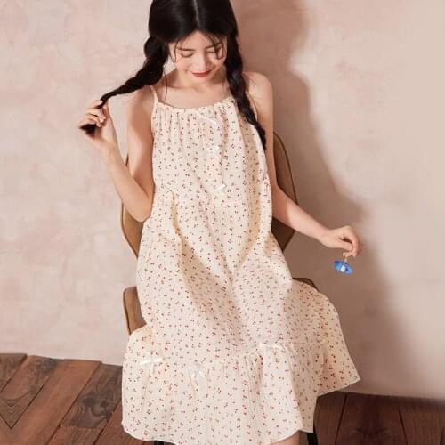 Summer Women 100% Cotton Sleepdress Spaghetti Strap Ruffles Comfortable Cute High Quality Loose Simple Little cherry Nightgowns