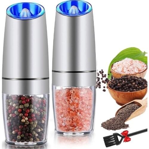 Stainless Steel Pepper Mill Electric Salt and Pepper Grinder Set with Metal Stand Kitchen Tools Gravity Automatic Spice Mill
