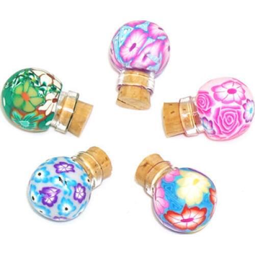 Lovely 1ml Mini Glass Cork Bottle + Flower Desigh Polymer Clay Decorated Sample Display Jar Mixed Colors F20171361