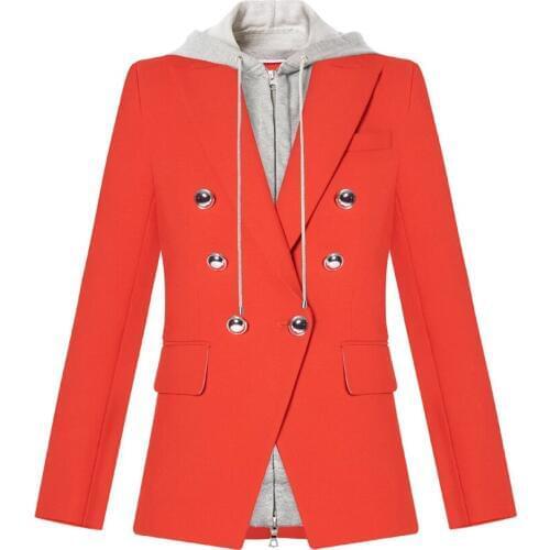 Fashion Casual Red Women Good Quality Spliced With Hood Jacket Removable Gold Button Streetwear Windbreak Veste Femme