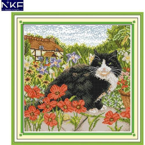 NKF The Cat and Poppy Cross Stitching Pattern Handmade Craft Needlework Cross-Stitch Embroidery Kit Cross Stitch for Home Decor