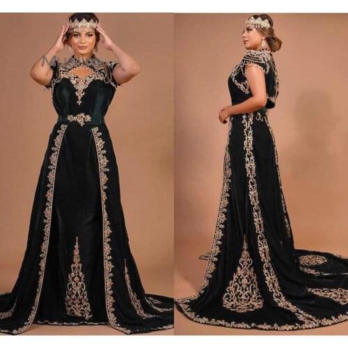 New Karakou algerien Black Velvet Evening Formal Dresses with Jacket 2021 Gold Lace Embroidery Morocco Kaftan Muslim Prom Dress