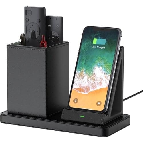 Office Desk Organizer PU Leather Pen Holder with Wireless Charging Stand, Square Pencil Pot + Name Card Holder