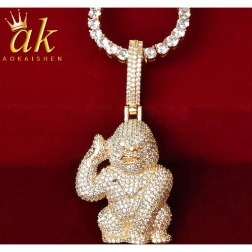 Animal Gorilla Fulled Zircon Necklace & Pendant With 4mm Tennis Chain Gold Color Cubic Zircon Mens Hip hop Jewelry