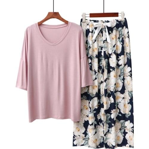 Pajamas summer female middle-aged mother cotton silk modal two-piece spring and autumn home service suit home service can go out