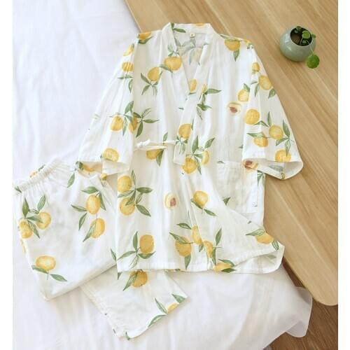 Autumn Women Cotton Pajamas Seven-sleeve Gauze Kimono Sleepwear V-Neck Yellow Peach Print Pijamas Two Piece Set Home Sleep Wear
