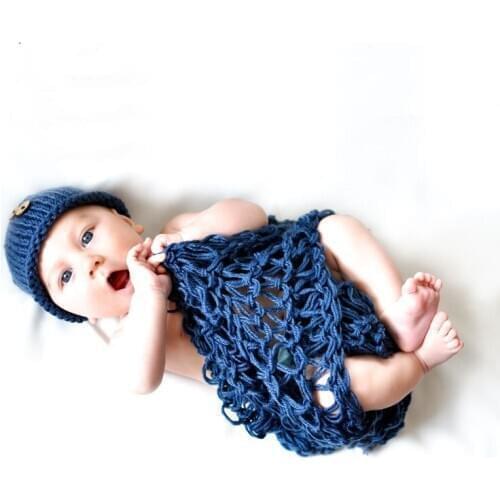 Newborn photography props crochet shoot clothes beanie with button +blanket handmade knit 0-3month baby photo clothes