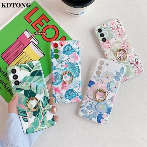 Laser Flower Phone Case for Samsung Galaxy S21 Ultra Plus A72 A52 A42 A12 5G Shell Finger Ring Stand Camera Protect Back Cover