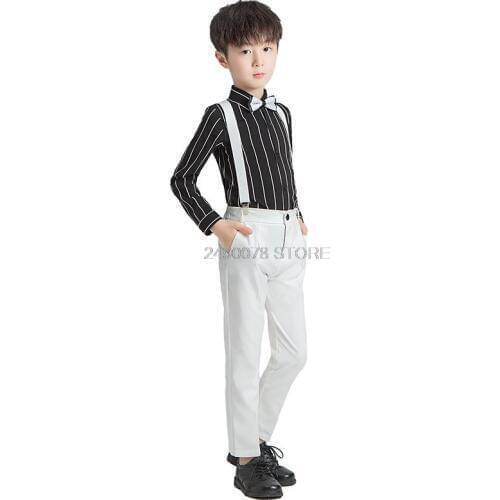 School Kids Formal Student Dress Wedding Suit For Boy Gentleman Prince Kids Strap Shirt Pants Bowtie Piano Performance Costume