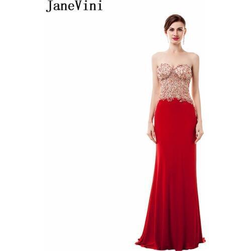 JaneVini Sexy Red Long Bridesmaid Dresses for Women Satin Sweetheart Illusion Back Mermaid Prom Dress Beading Formal Party Gowns