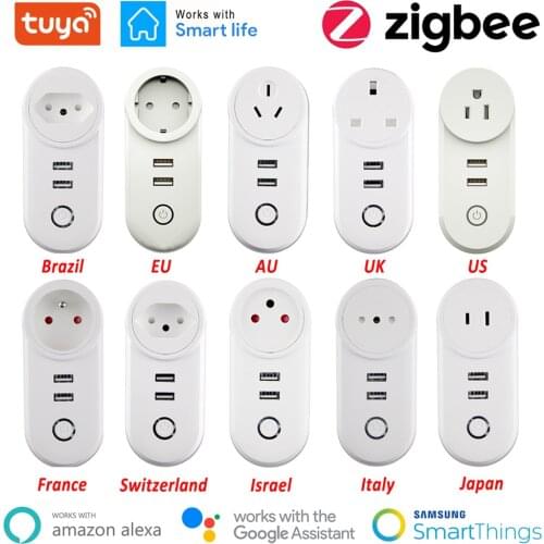 Smart Plug Zigbee Socket Outlet 2.1A USB Charger 16A EU Brazil Tuya APP Remote Control Works Alexa Google Assistant Smartthings
