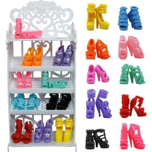 High Quality 10 Pcs Doll Shoes + White Plastic 12'' Doll Shoes Rack for Barbie Doll Dollhouse Furniture Accessories Kids Toy