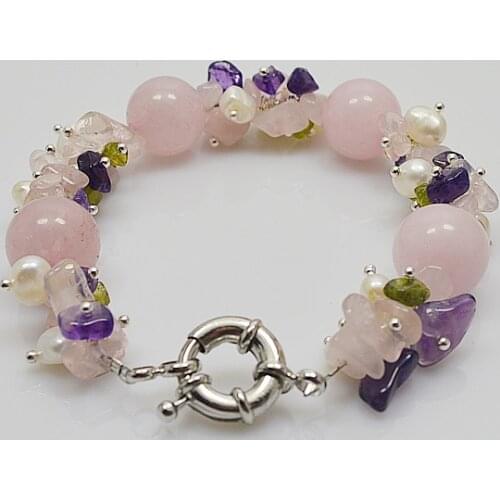Terisa Pearl Jewelry Natural Stone Rose Quartzs&Amethsyt&Olive&Freshwater Pearl Bracelet Charming Women Gift Jewelry