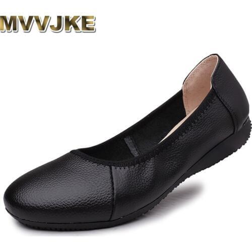 MVVJKE 2018 Fashion Genuine Leather Ballet Flat Shoes Woman Pointed Toe Plus Solid Black Shallow Soft Office Work Pregnant Shoes
