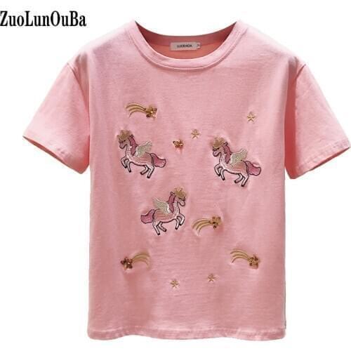 Summer Women T Shirt Dream Pink Cartoon Flying Horse Embroidery Harajuku Short Sleeve Round Neck Sequins Decorative Tees Tops