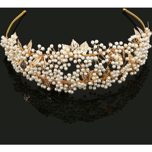 SLBRIDAL Gold Crystal Rhinestones Pearls Flower Leaf Wedding Tiara Headband Bridal Crown Hair accessories Bridesmaids Women