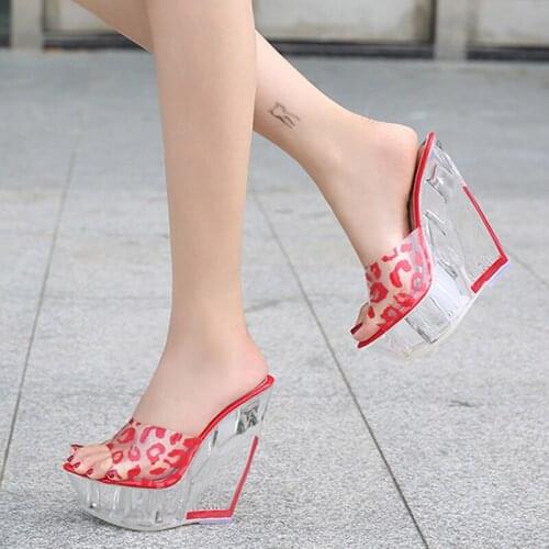Womens Wedge Slippers Fashion Casual Platform High heel Big Size Sandals Slippers Womens Crystal Heel Outside Slides