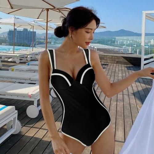 Women Push Up Swimsuit Sexy Underwire Swimsuit One Piece Black White Pads Swimwear Monokini Swim Bodysuit Korean Style Bathsuit